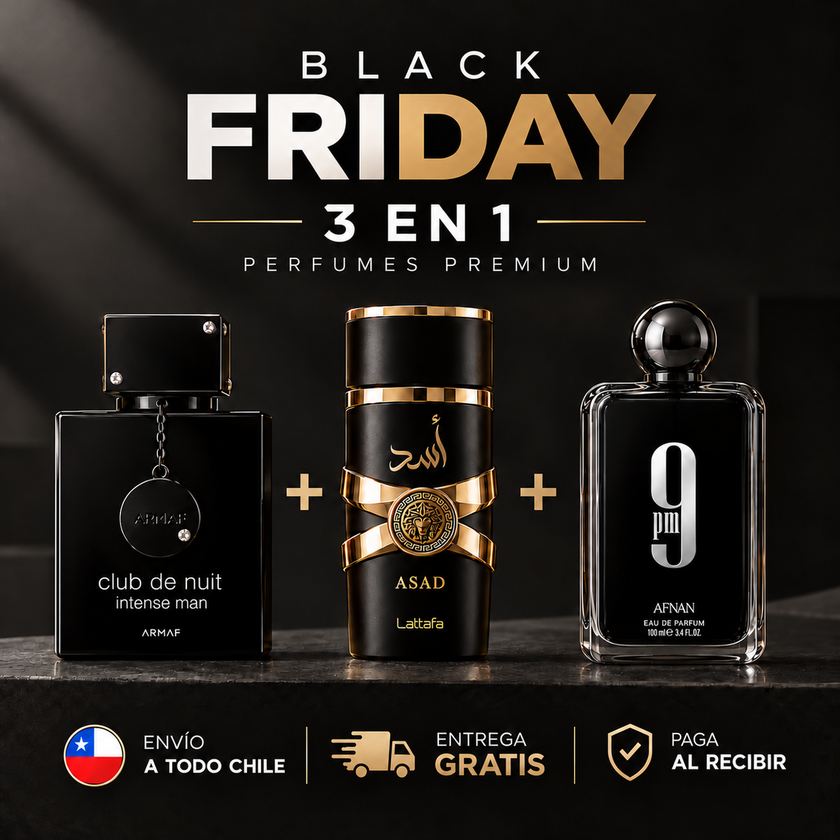 BLACK FRIDAY - Pack 3x1 Perfumes Árabes para Hombre | Armaf Club de Nuit Intense + Lattafa Asad + Afnan 9PM 100ml cada uno