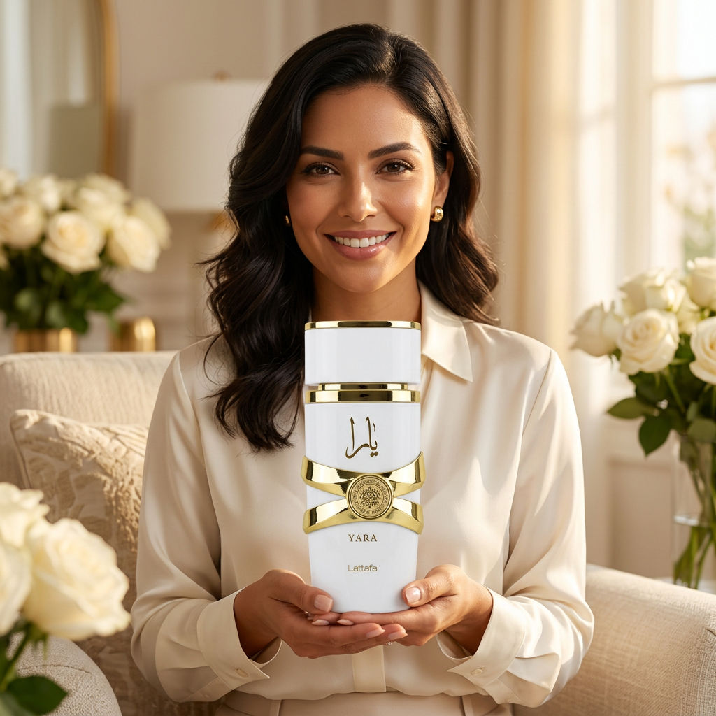 Mujer con el perfume Lattafa Yara Moi